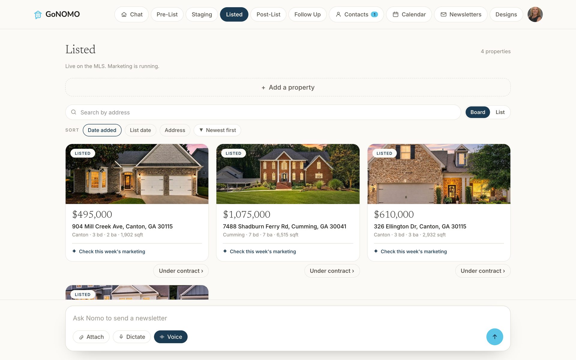 The Listed board: every active home as a photo card with its stage